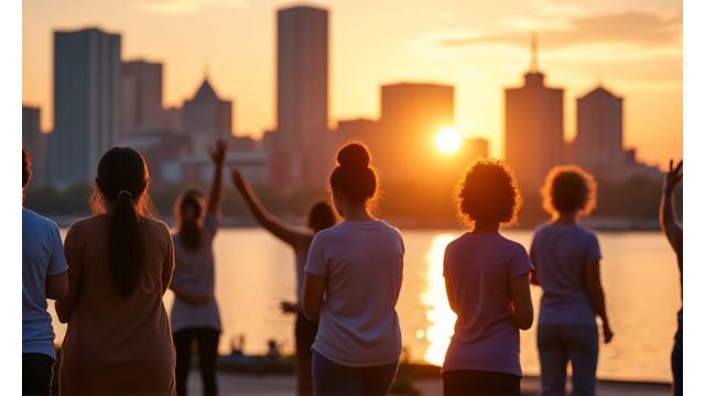 Boston skyline at dawn with a diverse group of adults engaging in wellness activities in the foreground.