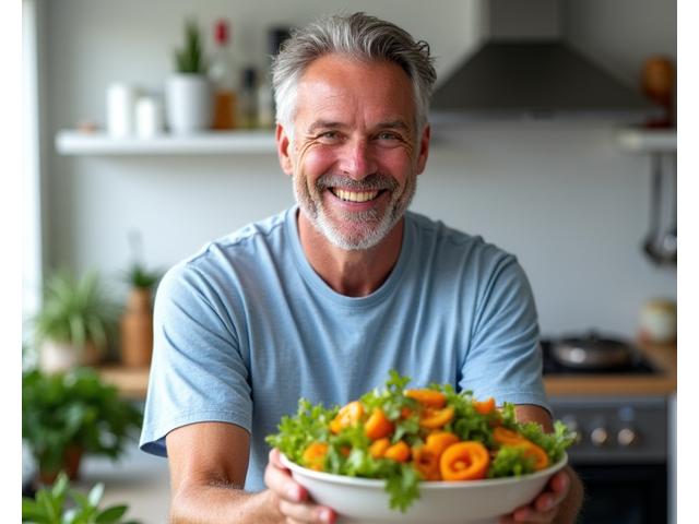 John, a smiling man in his early 50s, holding a freshly prepared healthy meal, looking energetic and happy.