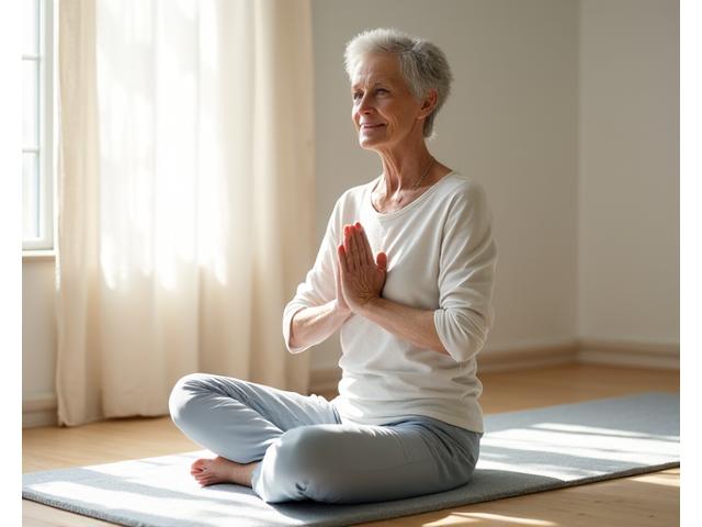 Maria, a serene woman in her 60s, practicing gentle yoga or meditation in a sunlit room, embodying calm and well-being.