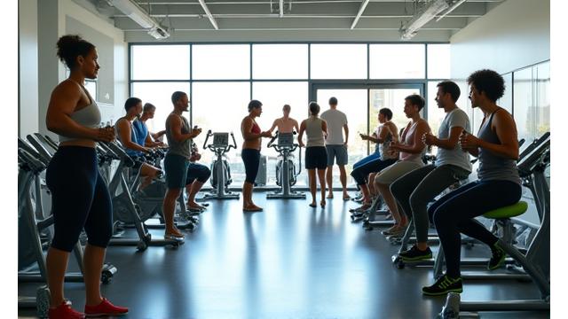A modern, spacious gym interior with diverse individuals engaging in various fitness activities like lifting weights, cycling, and stretching, flooded with natural light.