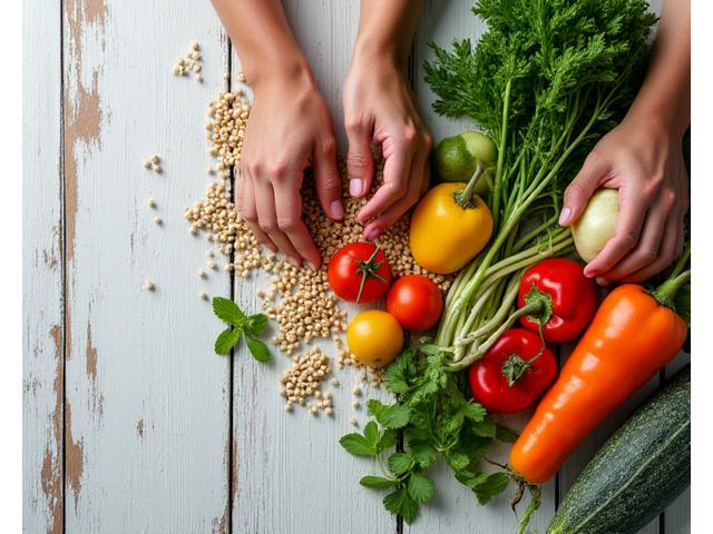 Close-up of fresh, vibrant vegetables and a person preparing a healthy meal.