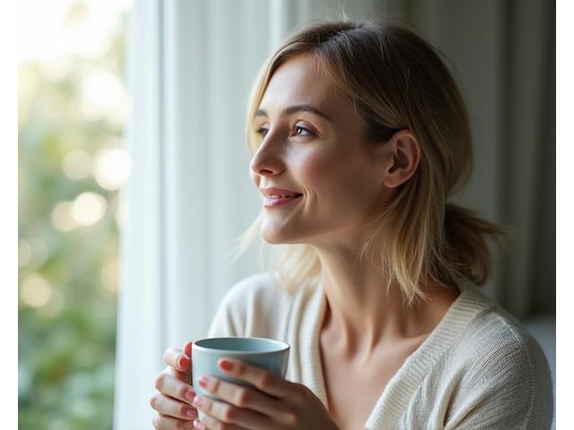 Woman enjoying a serene morning, symbolizing daily well-being