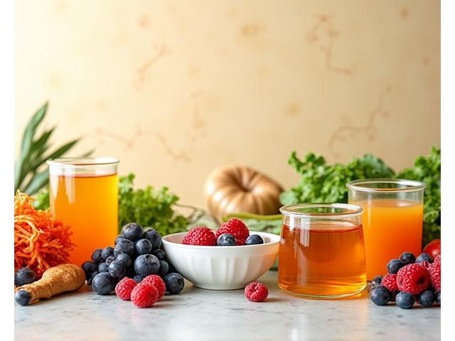 Various fermented foods and supplements, representing gut health solutions.