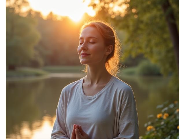 Woman meditating in a peaceful setting, symbolizing stress relief.