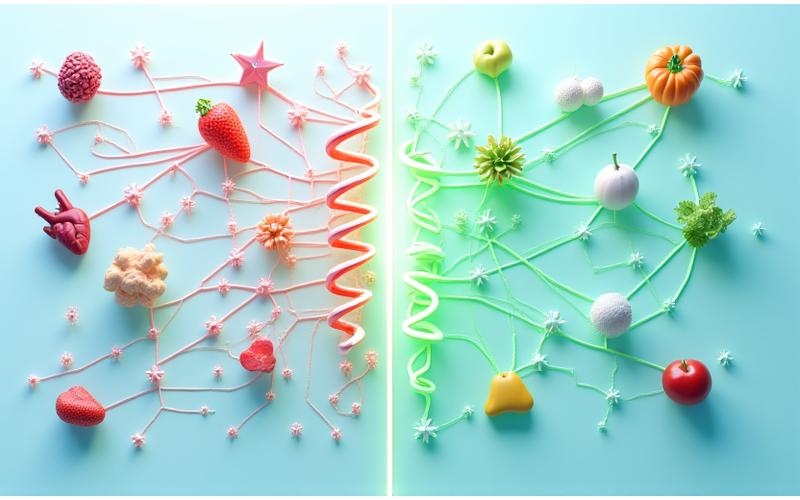 An engaging infographic illustrating genetic predisposition points connected to various chronic diseases like diabetes, cardiovascular issues, and autoimmune conditions, with healthy food interventions as solutions.