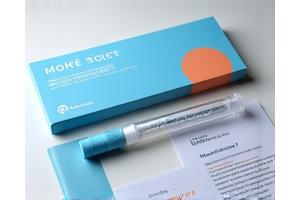 A clean, modern home DNA testing kit package with a collection tube and instructions, set against a bright, scientific background.