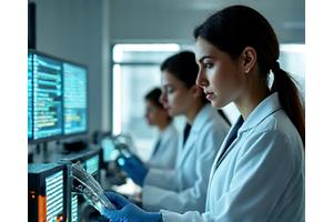 A clear image of a modern laboratory setting with advanced genetic sequencing equipment, glowing screens, and focused scientists in the background.