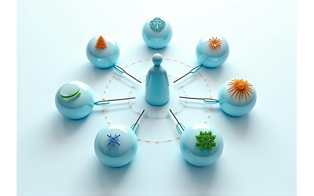 An intricate infographic displaying interconnected circles representing health factors like genetics, sleep, stress, diet, exercise, and environment, with a central figure showing balance.