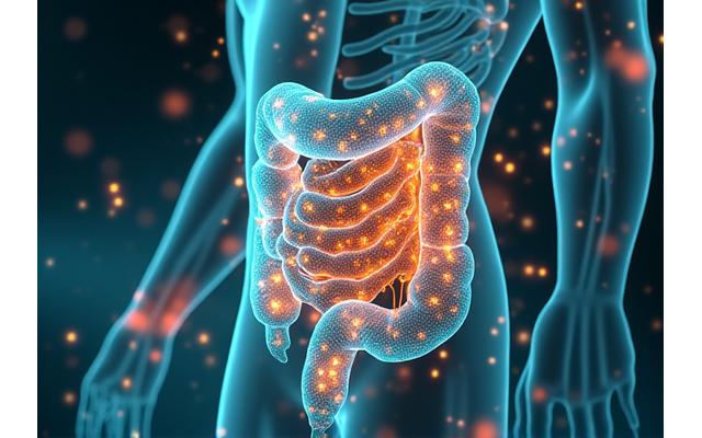 A vibrant, abstract visualization of diverse gut bacteria in a healthy human gut, with glowing beneficial microbes and pathways representing communication with the brain and immune system.
