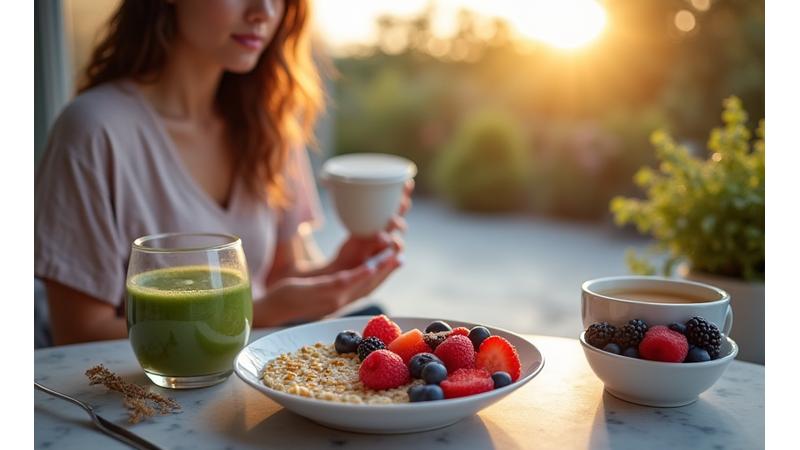 a person enjoying a balanced, wholesome breakfast outdoors in the morning sun