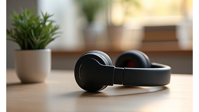 premium noise-cancelling headphones on a desk with a blurred background