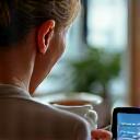 person reading a health article on a tablet, with a steaming cup of tea and natural light
