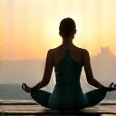person practicing yoga with a view of a city skyline, representing lifestyle upgrades