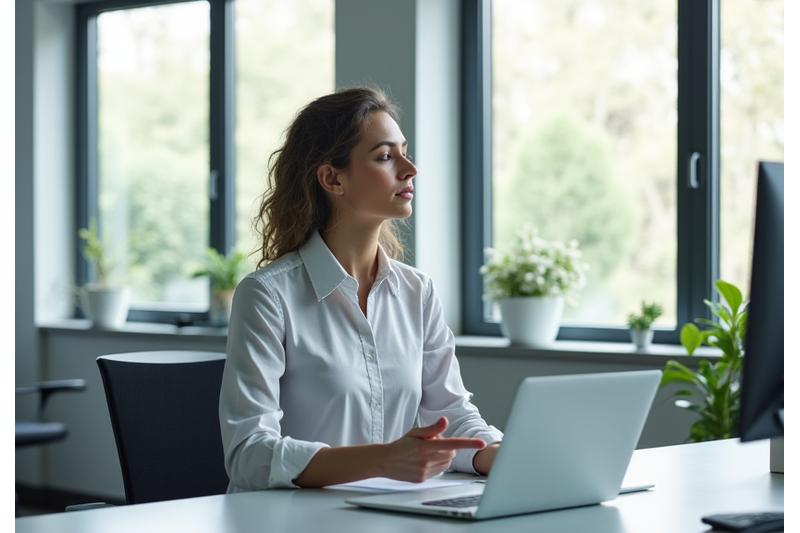 Professional adult managing work stress, perhaps meditating or taking a break at a modern, clean office desk with a laptop and plants, conveying balance.