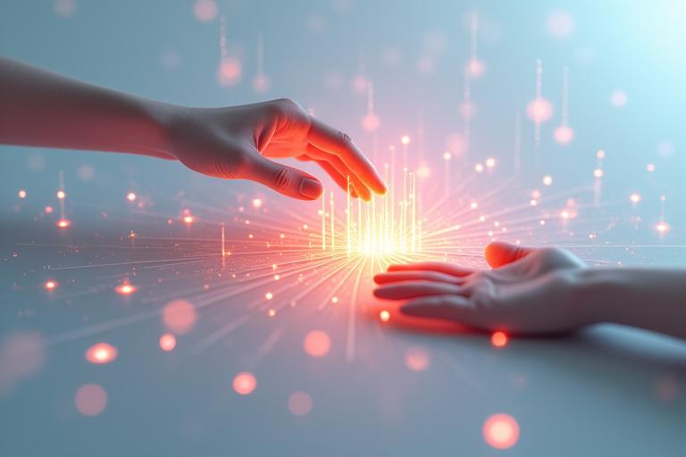 Abstract visualization of interconnected data points flowing into a central brain-like AI element, with a human hand gently guiding an output. Predominantly in brand primary, secondary, and accent colors, illustrating seamless integration of data, AI, and human expertise.