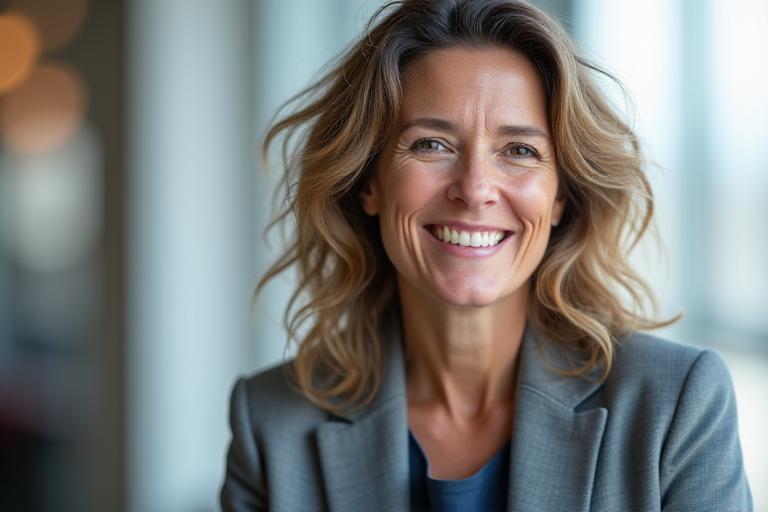 A warm, professional portrait of a diverse, experienced wellness coach in their late 30s/early 40s smiling confidently, with a subtle Boston skyline in a blurred background, embodying local knowledge and approachable expertise.