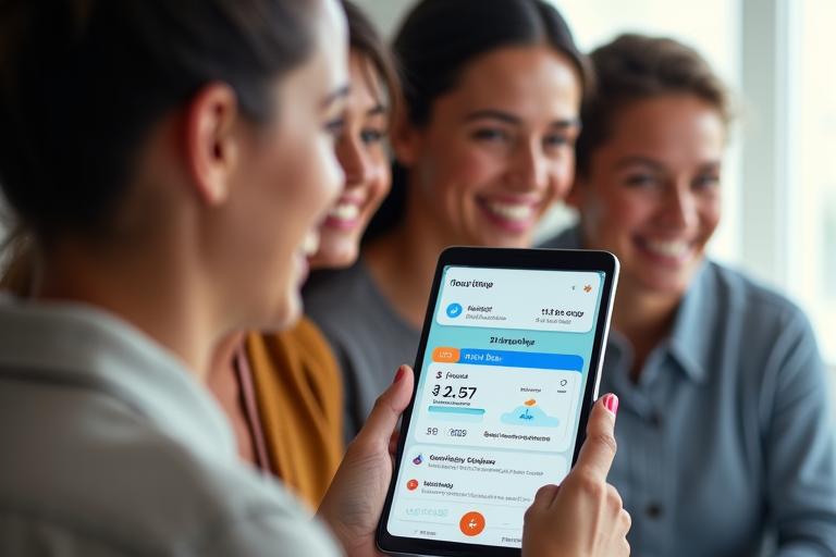A diverse group of adults aged 35+ interacting with a sleek, glowing digital wellness interface showing personalized health metrics and planning tools, set against a bright, modern backdrop. Focus on engagement and empowerment.