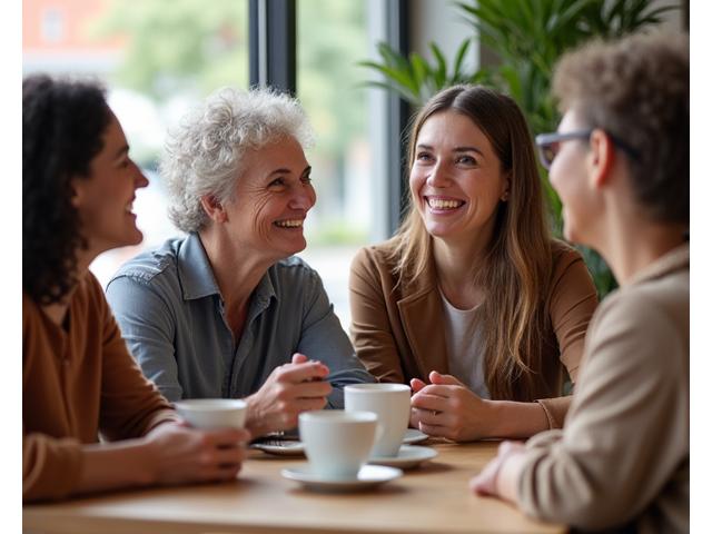A diverse group of adults engaging in a lively, positive social activity in a Boston setting, perhaps a community garden or a coffee shop, emphasizing social connection.