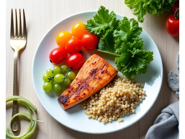 A vibrant, well-balanced meal plate with fresh, colorful ingredients like leafy greens, lean protein, and whole grains, stylized beautifully on a clean background. Illustrates healthy nutrition.