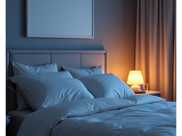 A tranquil bedroom scene with soft, warm lighting and a comfortably made bed, representing optimal sleep environment and strategies.