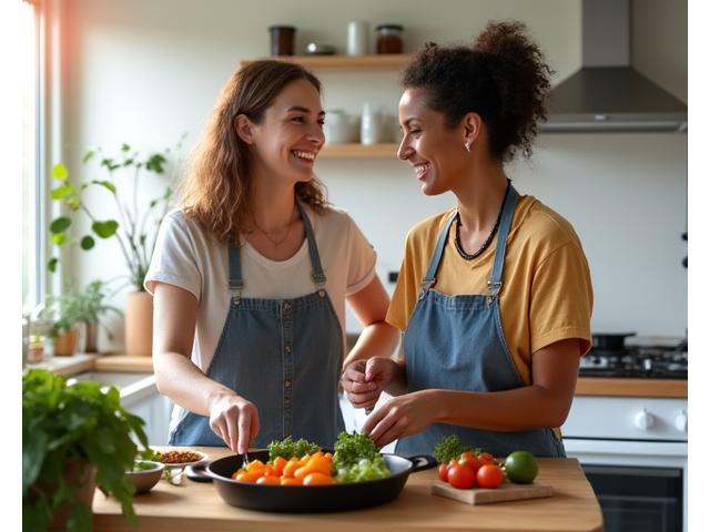 A happy couple in their late 30s/early 40s enjoying a healthy activity together, like cooking a nutritious meal in a modern kitchen or hiking a scenic Boston trail, emphasizing shared wellness and relationship benefits.
