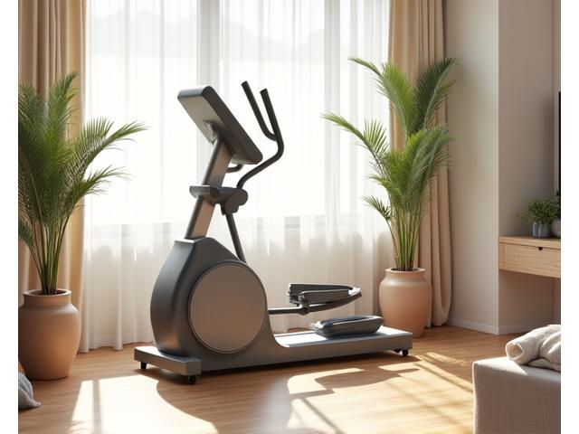 A modern, compact elliptical machine in a well-lit home gym setting, indicating ease of use and space efficiency.