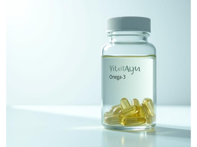 A sleek bottle of premium Omega-3 supplements, with soft natural light highlighting the clear labeling and quality packaging.