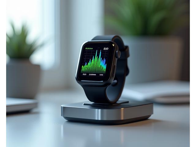 A minimalist, high-tech fitness tracker on a charging dock, with a vibrant data display indicating heart rate and activity levels.