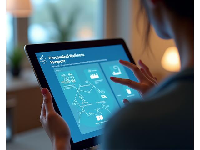 A user interacting with a clean, intuitive digital interface on a tablet, displaying personalized wellness product recommendations, with subtle AI-inspired graphical elements.
