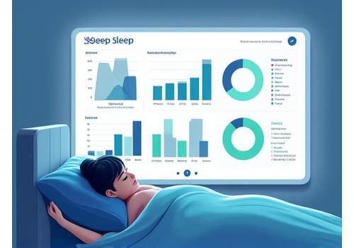 Graphical representation of sleep data, charts, and a person sleeping peacefully within a digital interface, reflecting personalized insights.