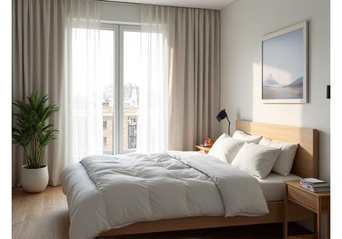 A serene, impeccably organized bedroom with soft, ambient lighting, high-quality bedding, and minimalistic design, evoking peace and comfort.