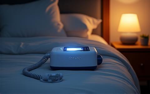 A discreet, well-designed CPAP machine with its tubing and mask subtly placed on a nightstand, suggesting comfort and ease of use.
