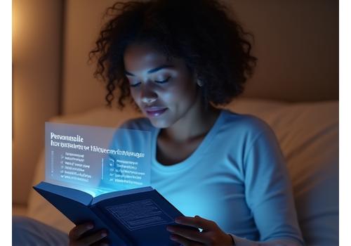 An adult person engaging in a serene bedtime routine (e.g., reading, gentle stretching), depicted with soft, warm lighting and a digital overlay of a personalized schedule.