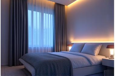 A modern, minimalist bedroom with smart lighting, temperature control, and sound system, creating an optimal sleep environment.