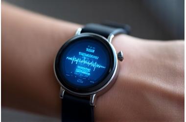 Close-up of a sleek, modern wearable sleep tracker on a wrist, with subtle digital data overlay.