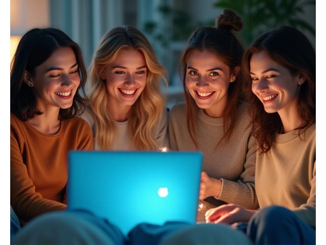 Diverse group of adults in a supportive online community, smiling and interacting positively, with subtle digital overlay representing connections.