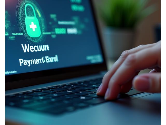 A secure payment portal on a laptop screen, with subtle glowing lines connecting to credit card icons, symbolizing secure and transparent transactions.