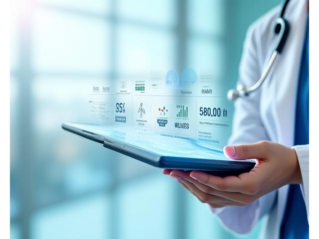 A clear illustration showing a doctor's hand interacting with a digital tablet displaying wellness data, emphasizing professional medical guidance over digital self-diagnosis.