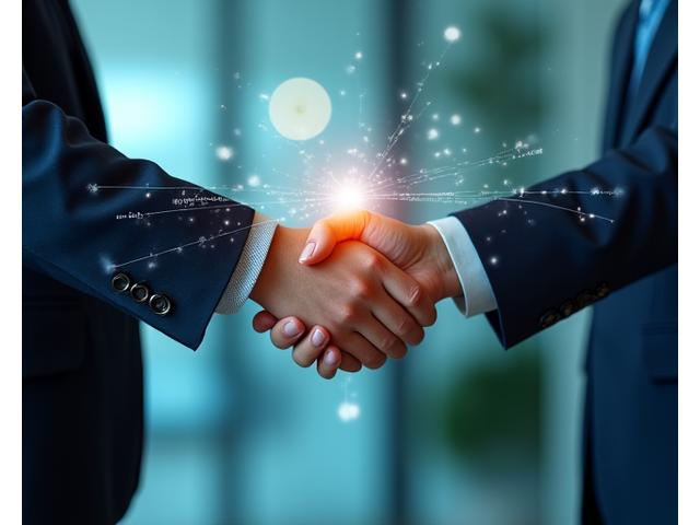 Two hands shaking over a complex digital diagram, symbolizing agreement and partnership in a secure digital environment.