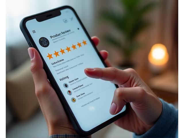 Hands holding a smartphone with a star rating interface for a wellness product.